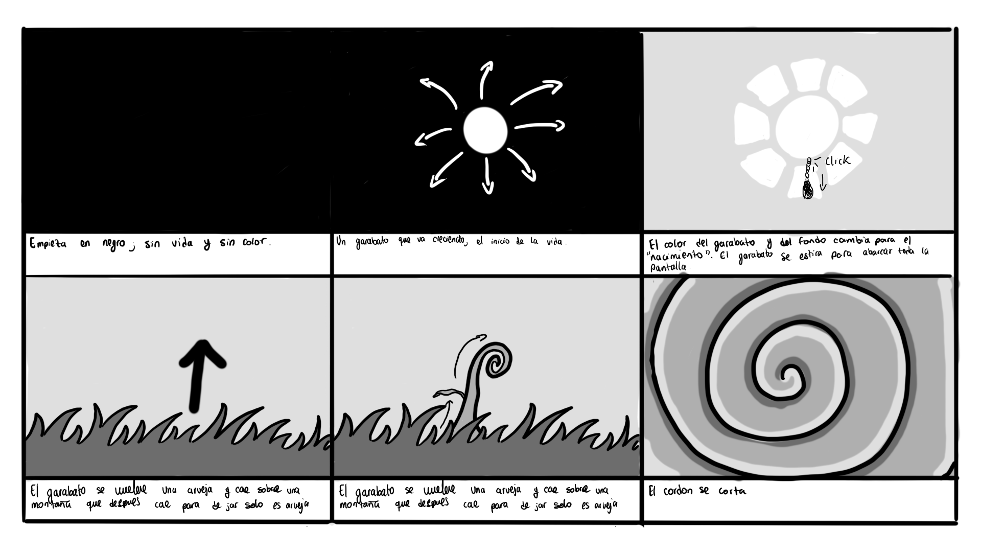 A storyboard in black and white for the animation