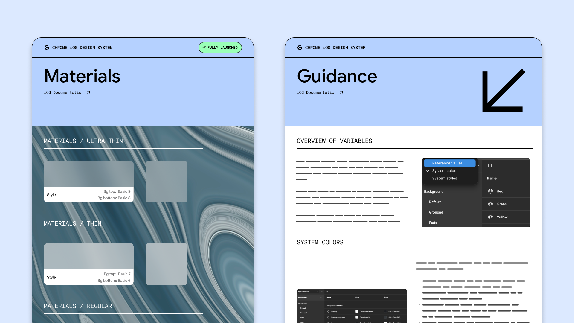A screenshot showcasing the Chrome documentation for Materials and Guidance