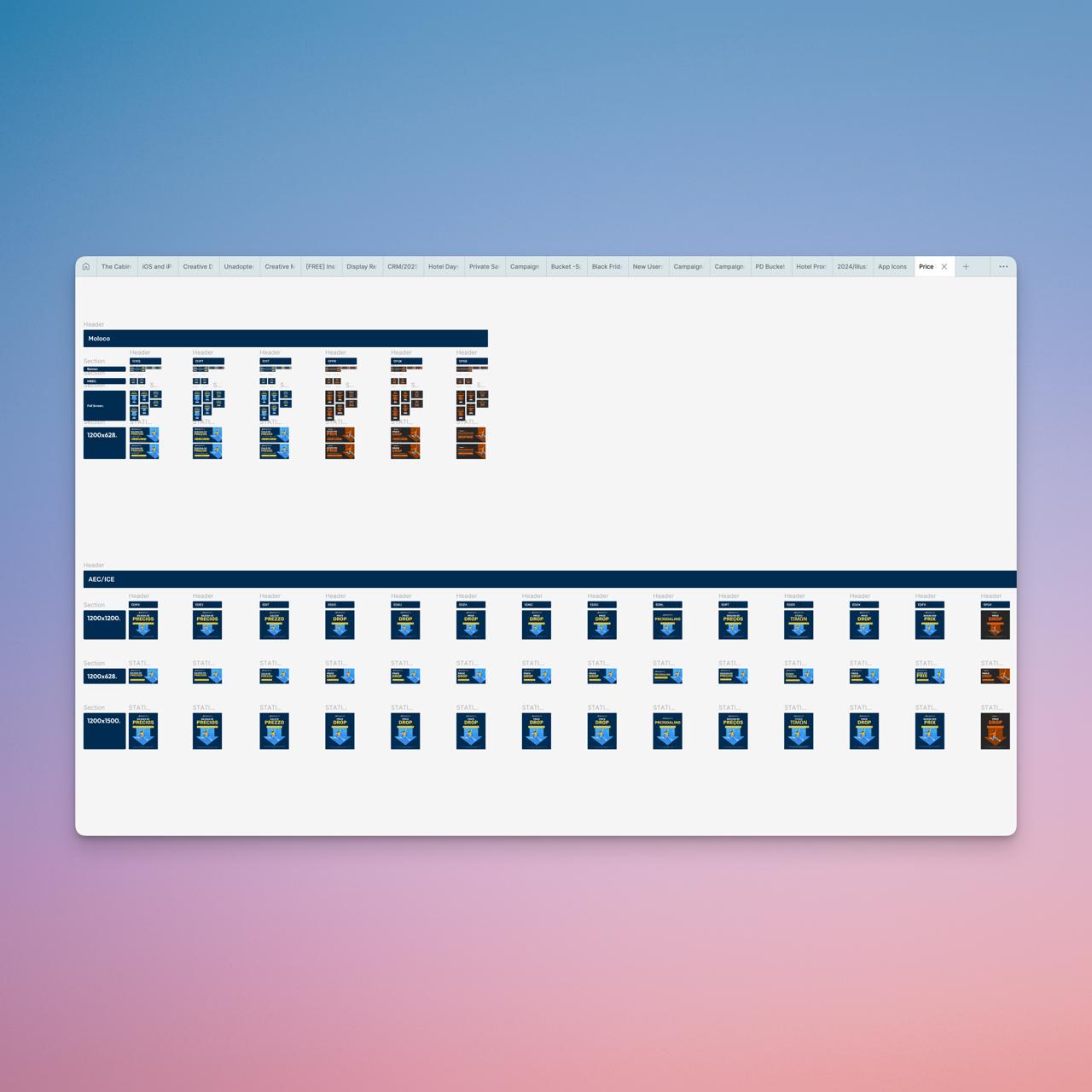 A screenshot showing a large amount of assets on a Figma project with varying sizes representing the ampunt of visual assets created for a campaign by the Brand Team